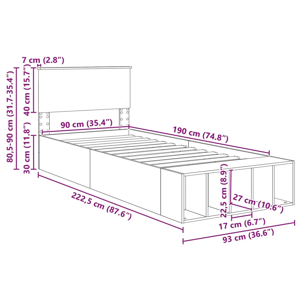 White Bed Frame with Storage and Adjustable Footboard
