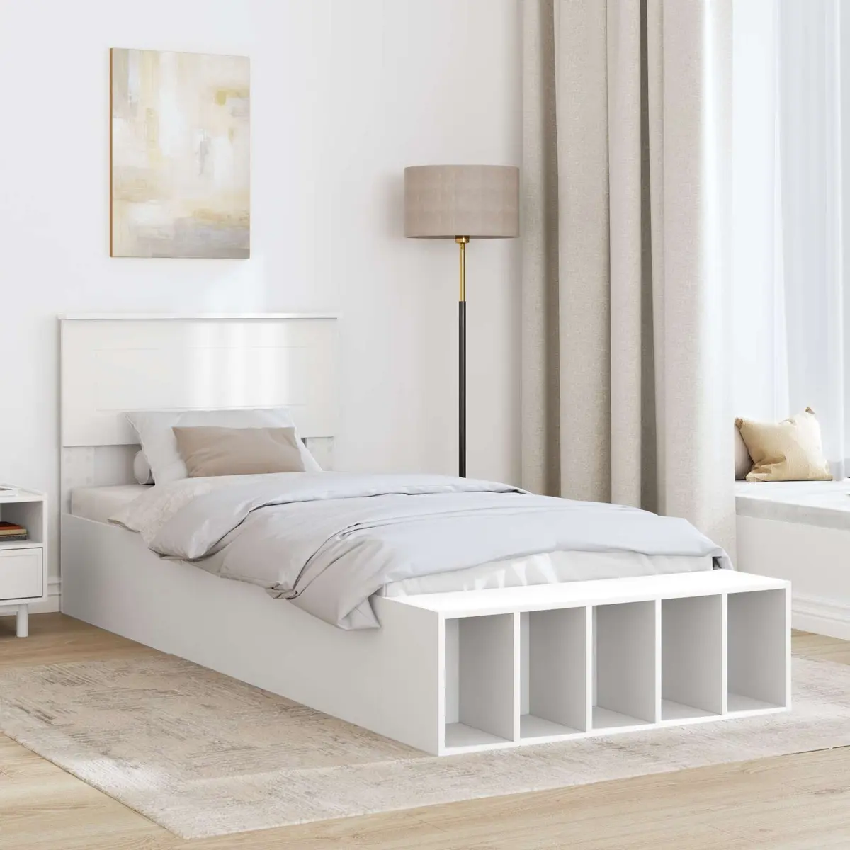 White Bed Frame with Storage and Adjustable Footboard