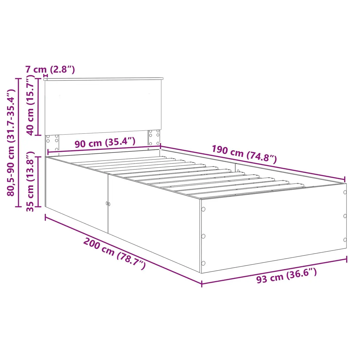 White Bed Frame with Headboard 90 x 190 cm