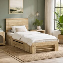 Warm Brown Bed Frame with Integrated Headboard