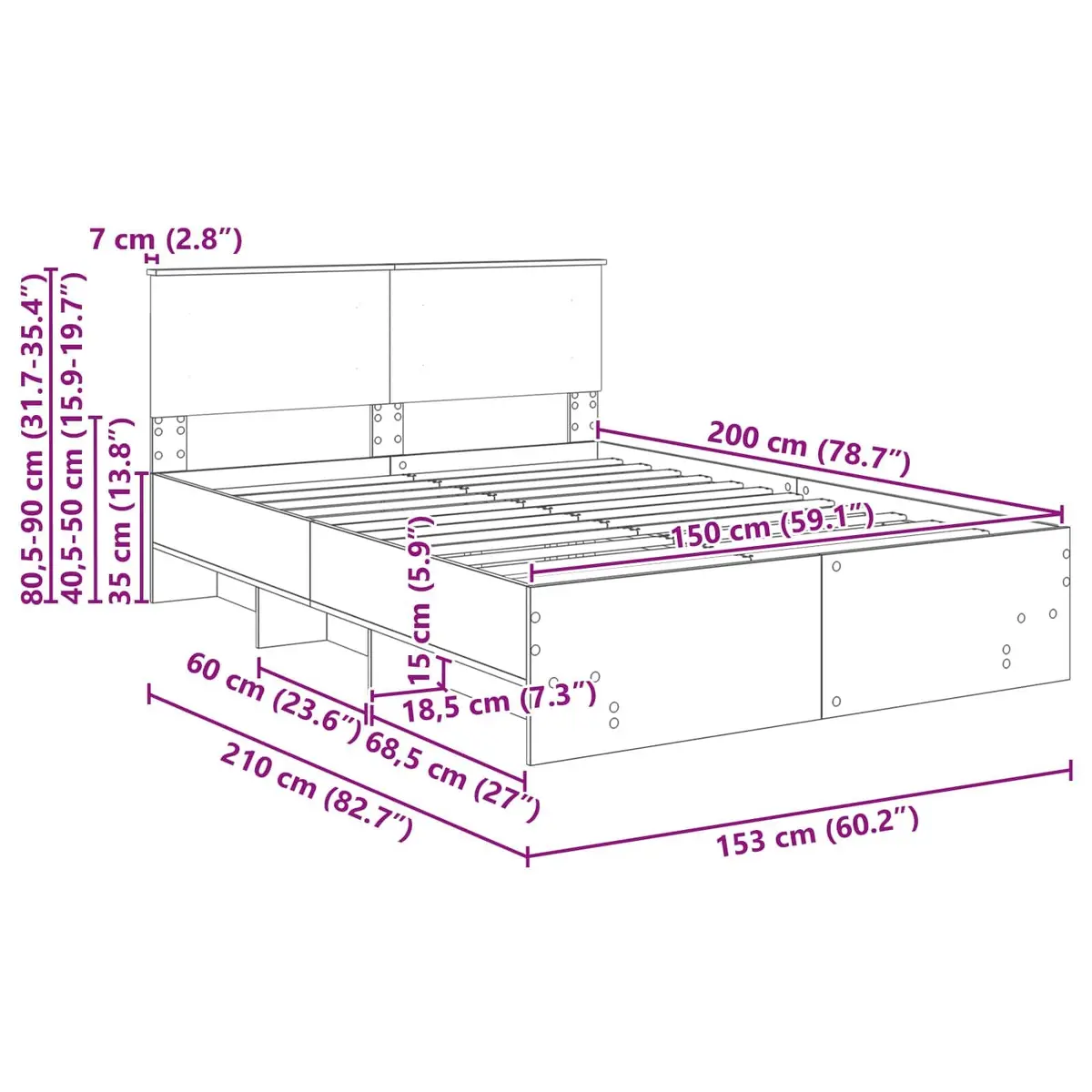 Bed Frame 150 x 200 cm in Brown with Headboard
