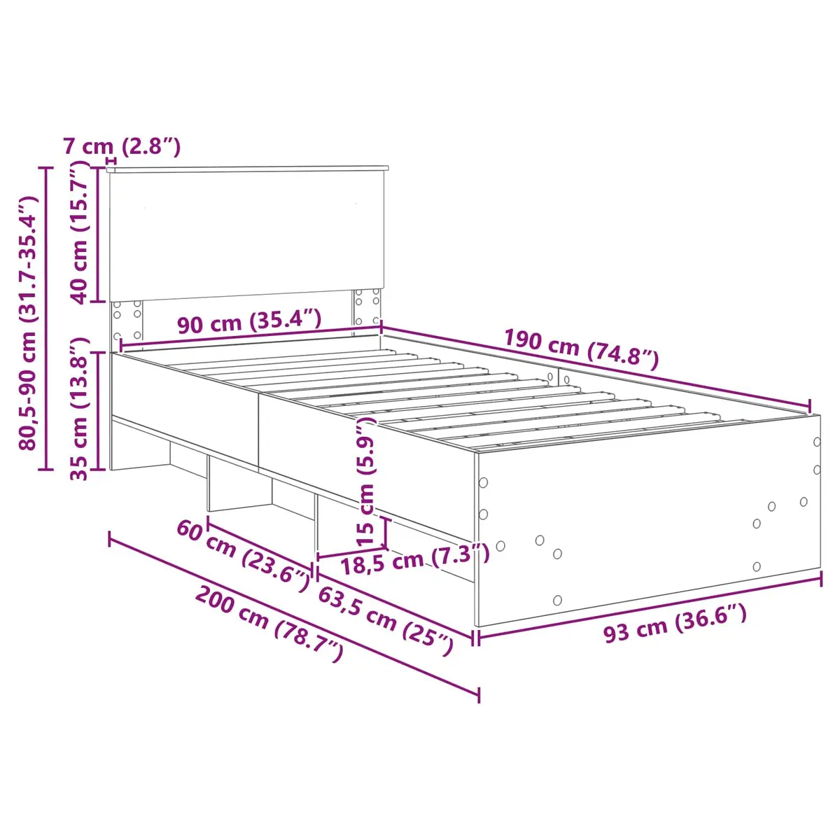 Bed Frame with Headboard Brown 90 x 200 cm Engineered Wood Modern Bedroom