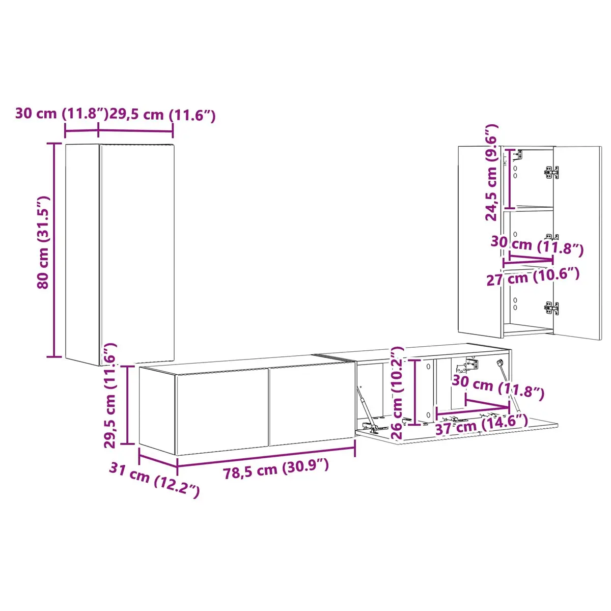 TV Wall Cabinet Set Modern White 4 Piece Engineered Wood Wall-Mounted Storage Shelves Living Room