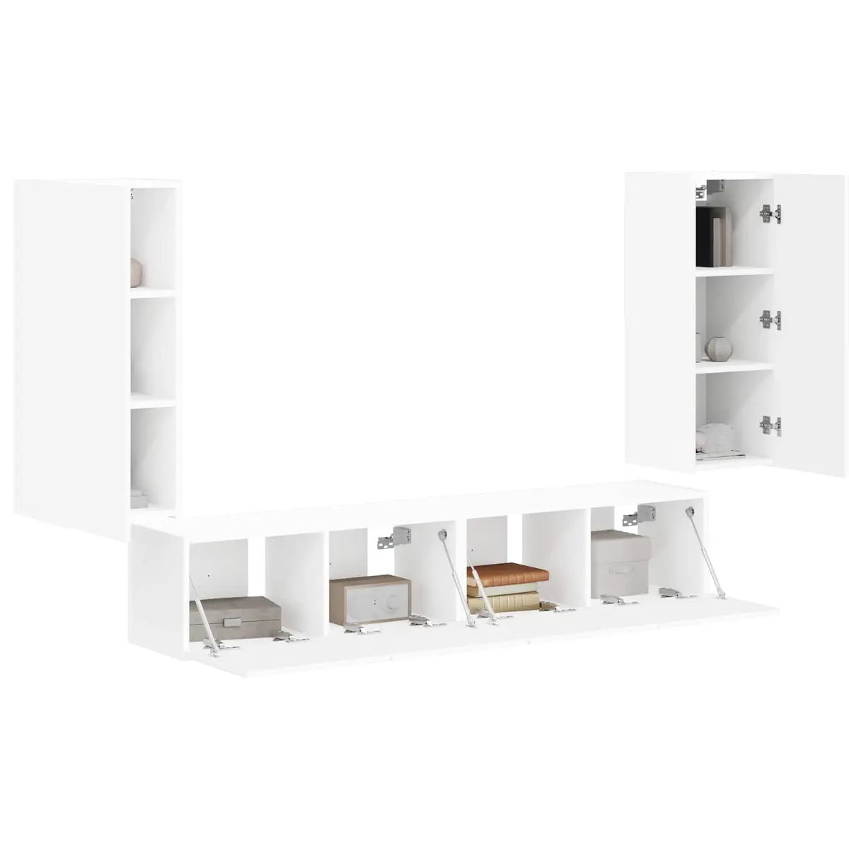 TV Wall Cabinet Set Modern White 4 Piece Engineered Wood Wall-Mounted Storage Shelves Living Room