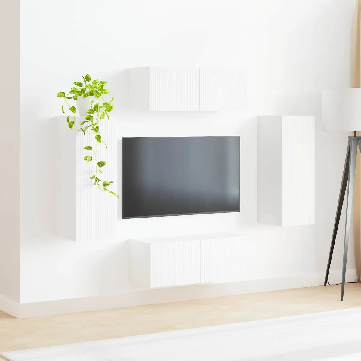 TV Wall Cabinet Set Modern White 4 Piece Engineered Wood Wall-Mounted Storage Shelves Living Room