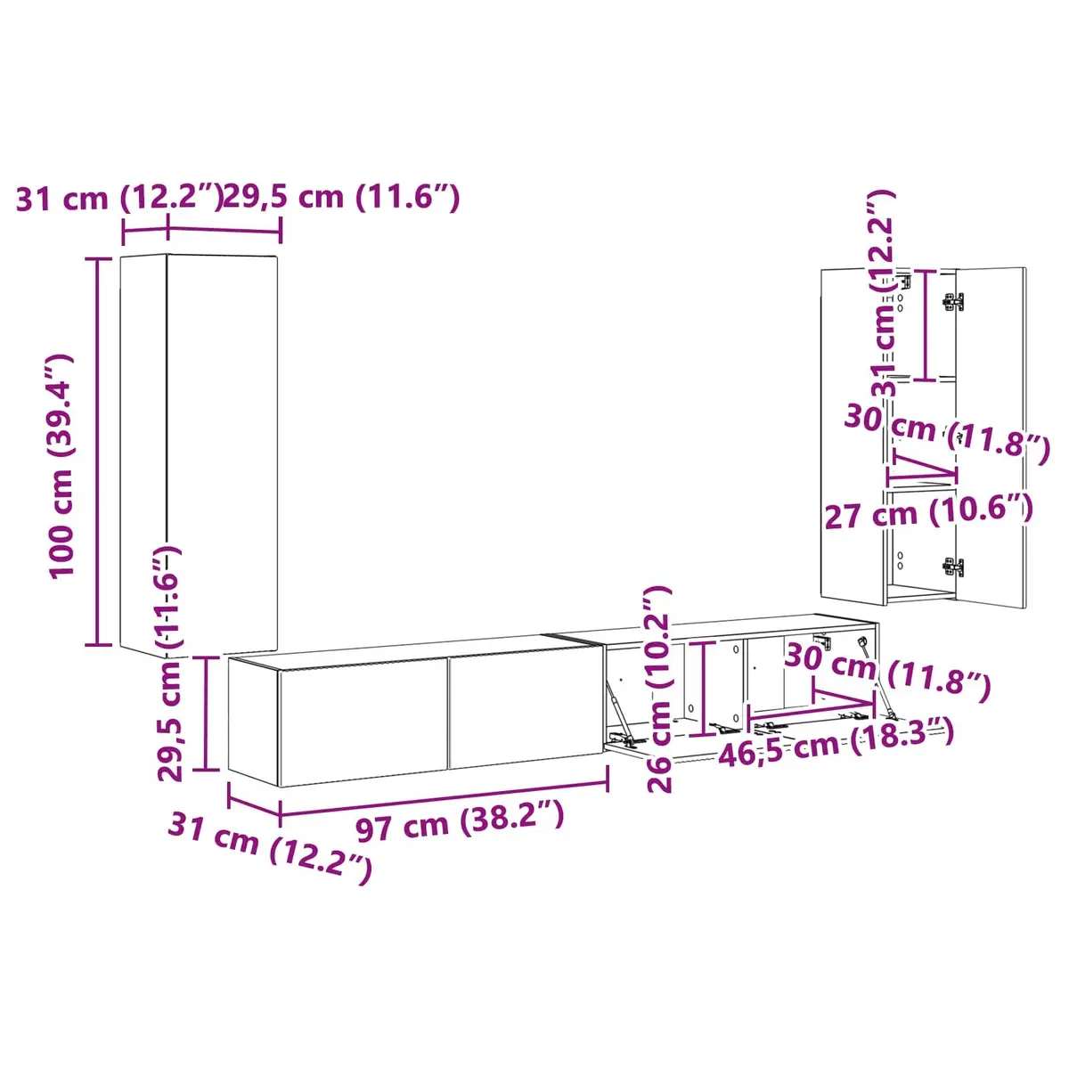 TV Wall Cabinet Set White Wall-Mounted 4 Piece Engineered Wood Storage Entertainment Unit