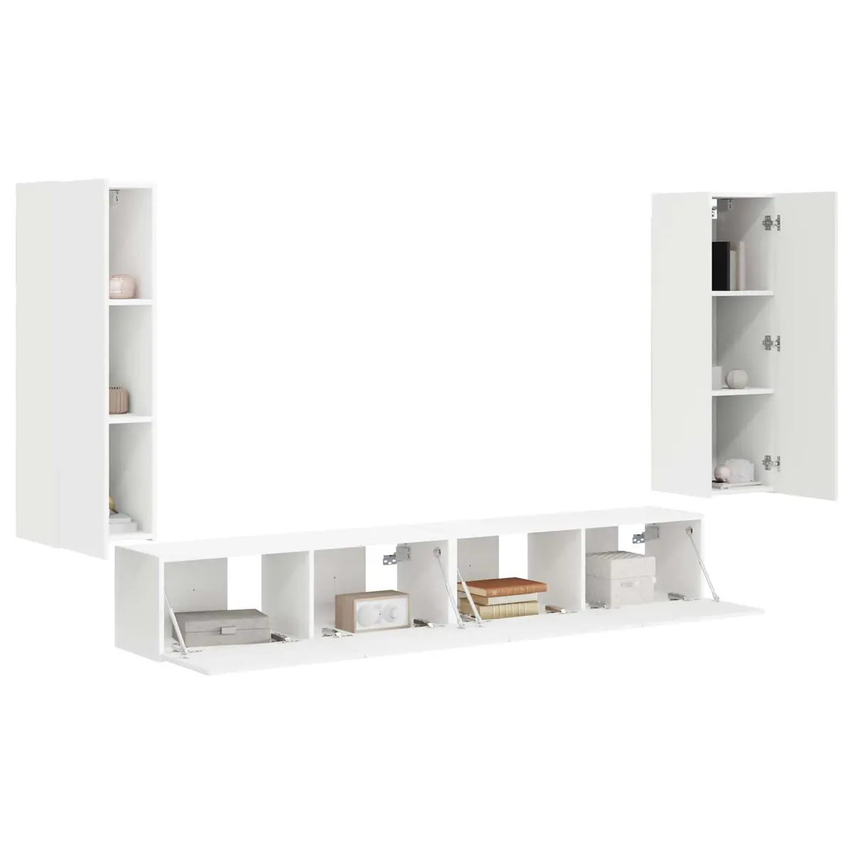 TV Wall Cabinet Set White Wall-Mounted 4 Piece Engineered Wood Storage Entertainment Unit