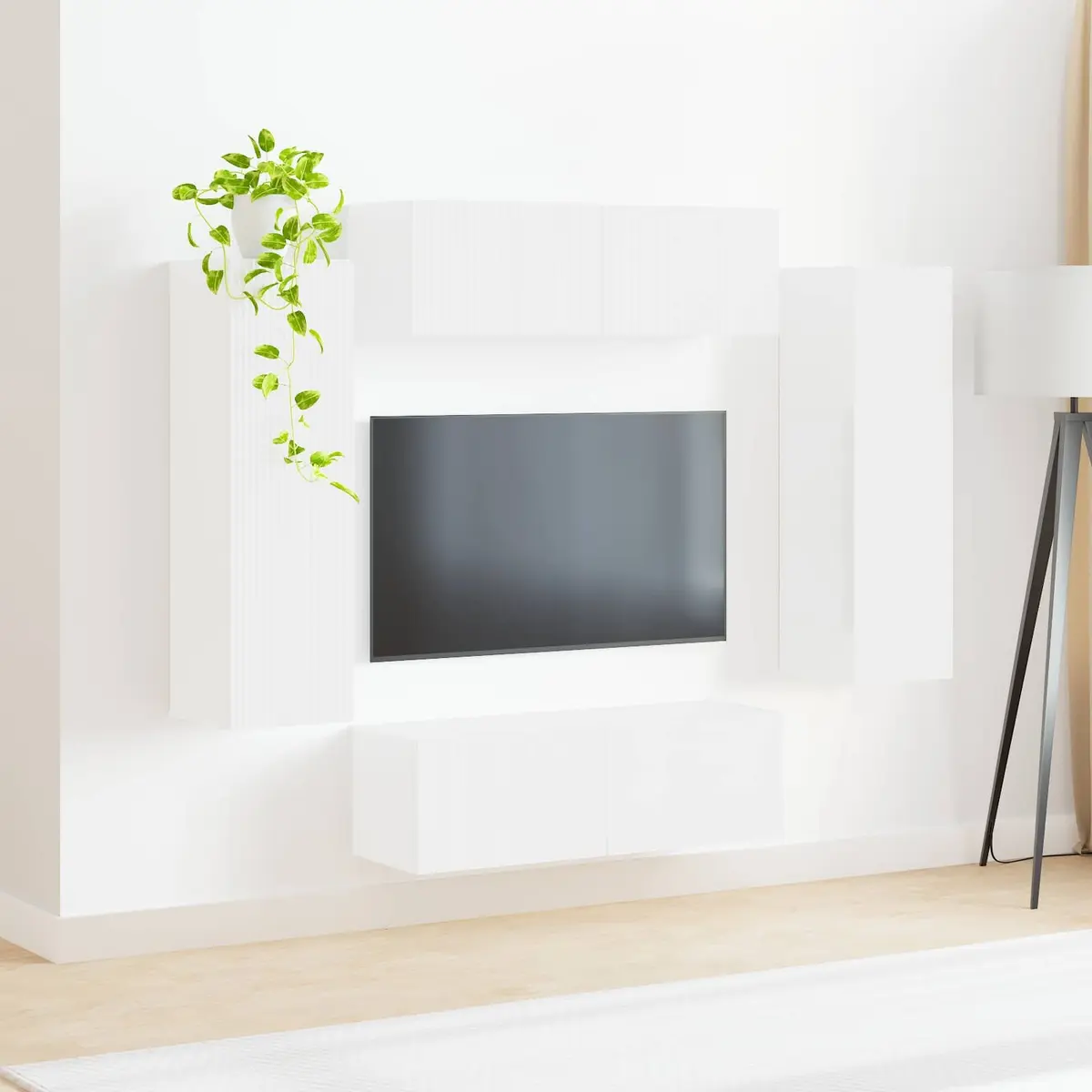 TV Wall Cabinet Set White Wall-Mounted 4 Piece Engineered Wood Storage Entertainment Unit
