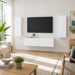 Wall-mounted TV Cabinet Set 2 Pieces White Modern Style