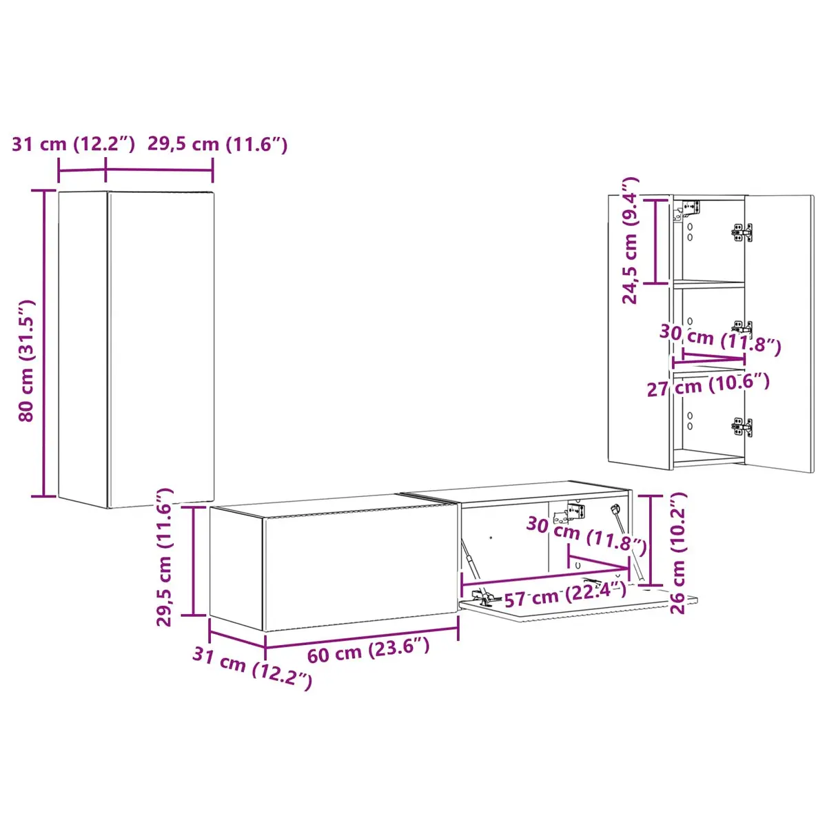 Wall-mounted TV Cabinet Set 2 Pieces White Modern Style