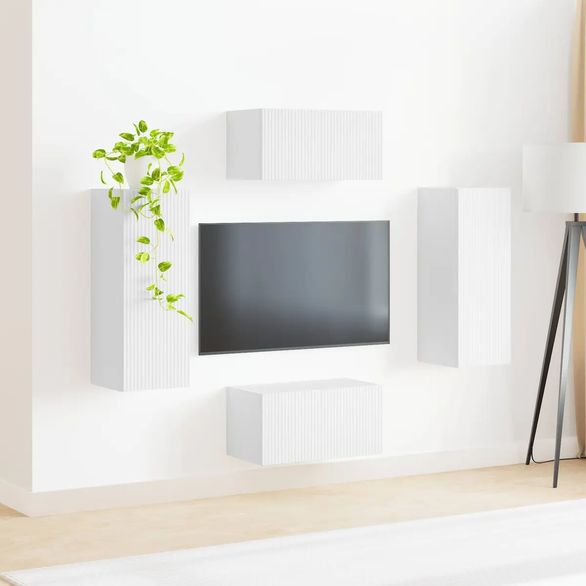 Wall-mounted TV Cabinet Set 2 Pieces White Modern Style