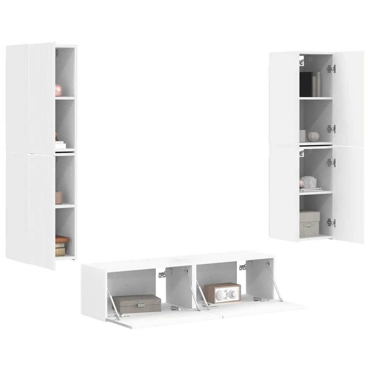 TV Cabinet Set White Modern 6 Piece Engineered Wood Composite with Shelves Drawers LED Lights