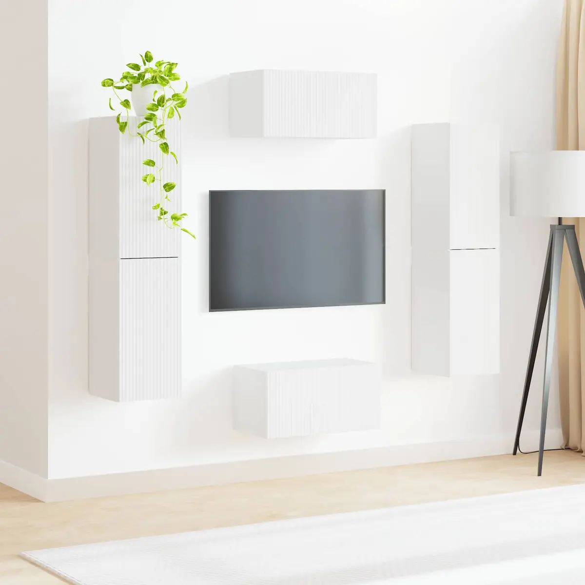TV Cabinet Set White Modern 6 Piece Engineered Wood Composite with Shelves Drawers LED Lights
