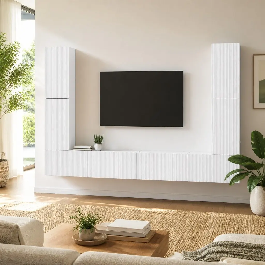 TV Cabinet Set Modern White 8 Piece Engineered Wood Entertainment Storage Furniture