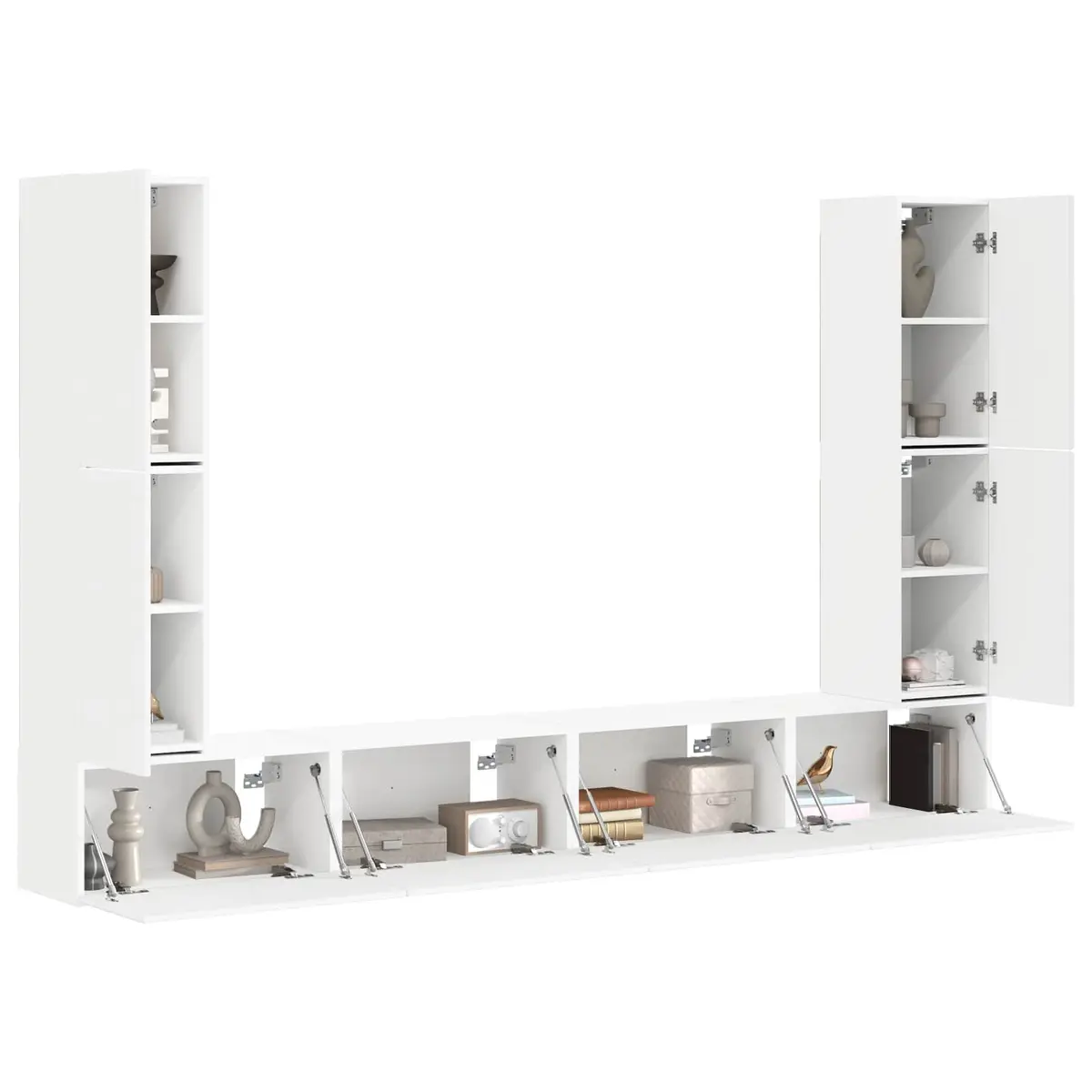 TV Cabinet Set Modern White 8 Piece Engineered Wood Entertainment Storage Furniture