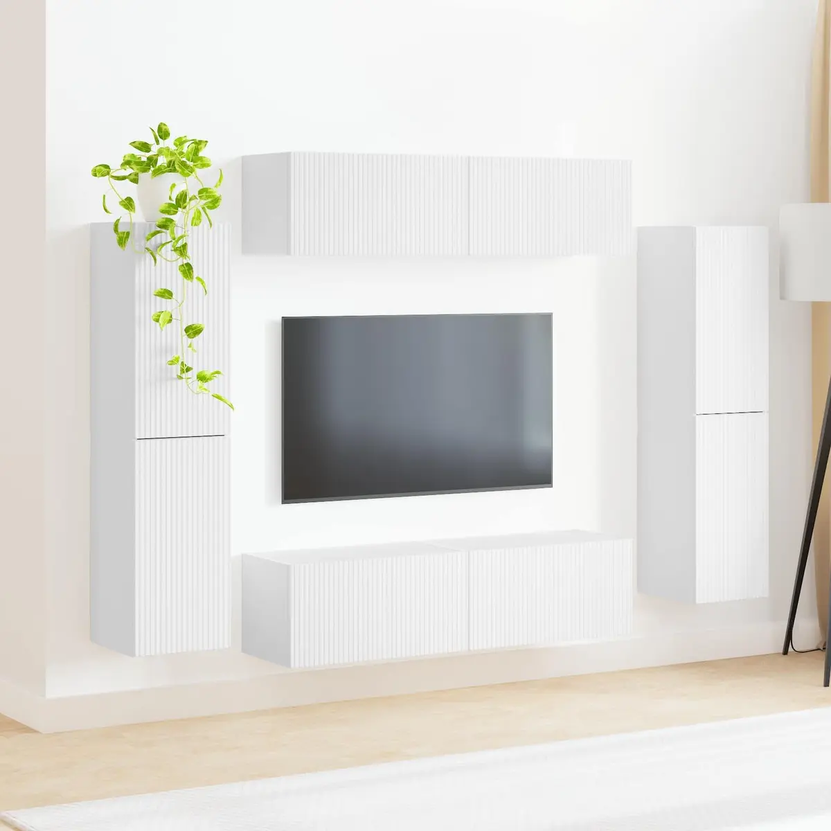 TV Cabinet Set Modern White 8 Piece Engineered Wood Entertainment Storage Furniture