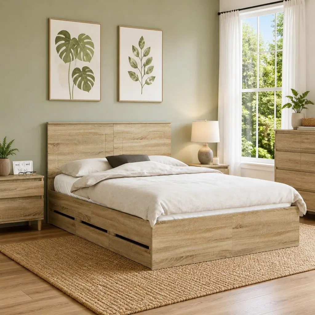 Bed Frame Modern Brown Engineered Wood with Storage Drawer 150 x 200 cm