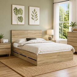 Brown Engineered Wood Bed Frame with Storage Drawers