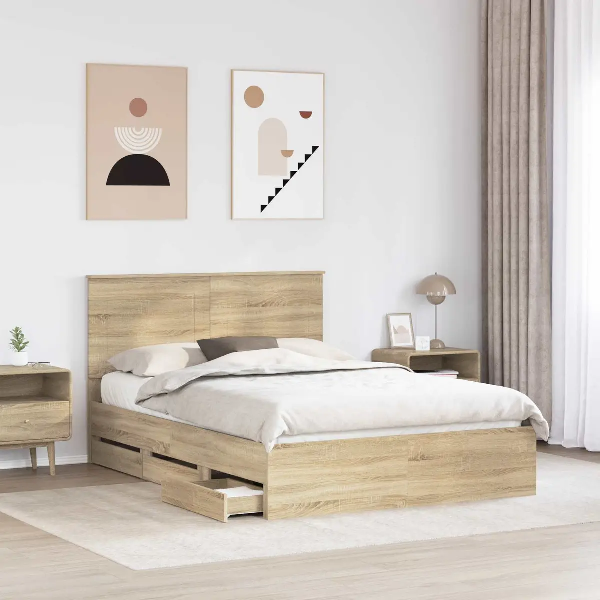 Bed Frame Modern Brown Engineered Wood with Storage Drawer 150 x 200 cm