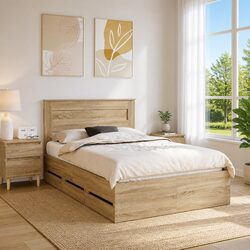 Sonoma Oak Brown Bed Frame with Storage Drawer 135 x 190 cm