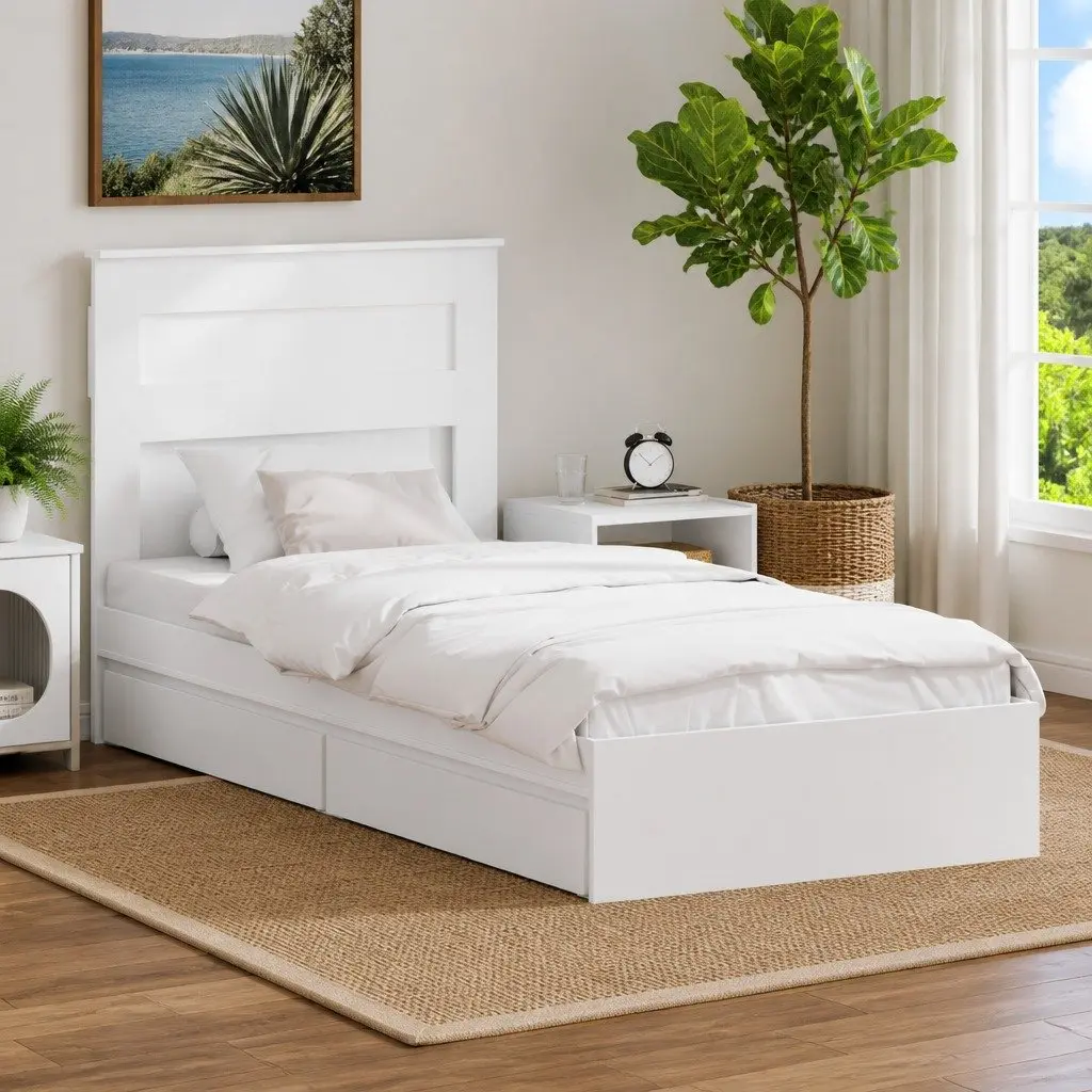 Storage Bed Frame White 90 x 190 cm Engineered Wood Platform with Drawer