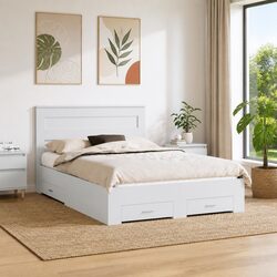 White Bed Frame with Headboard and Storage Drawers