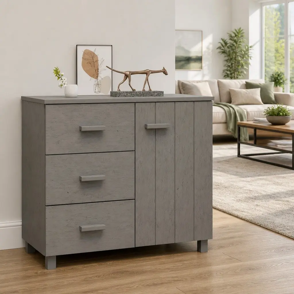Sideboard Grey Solid Pinewood Storage Cabinet with Sliding Drawers
