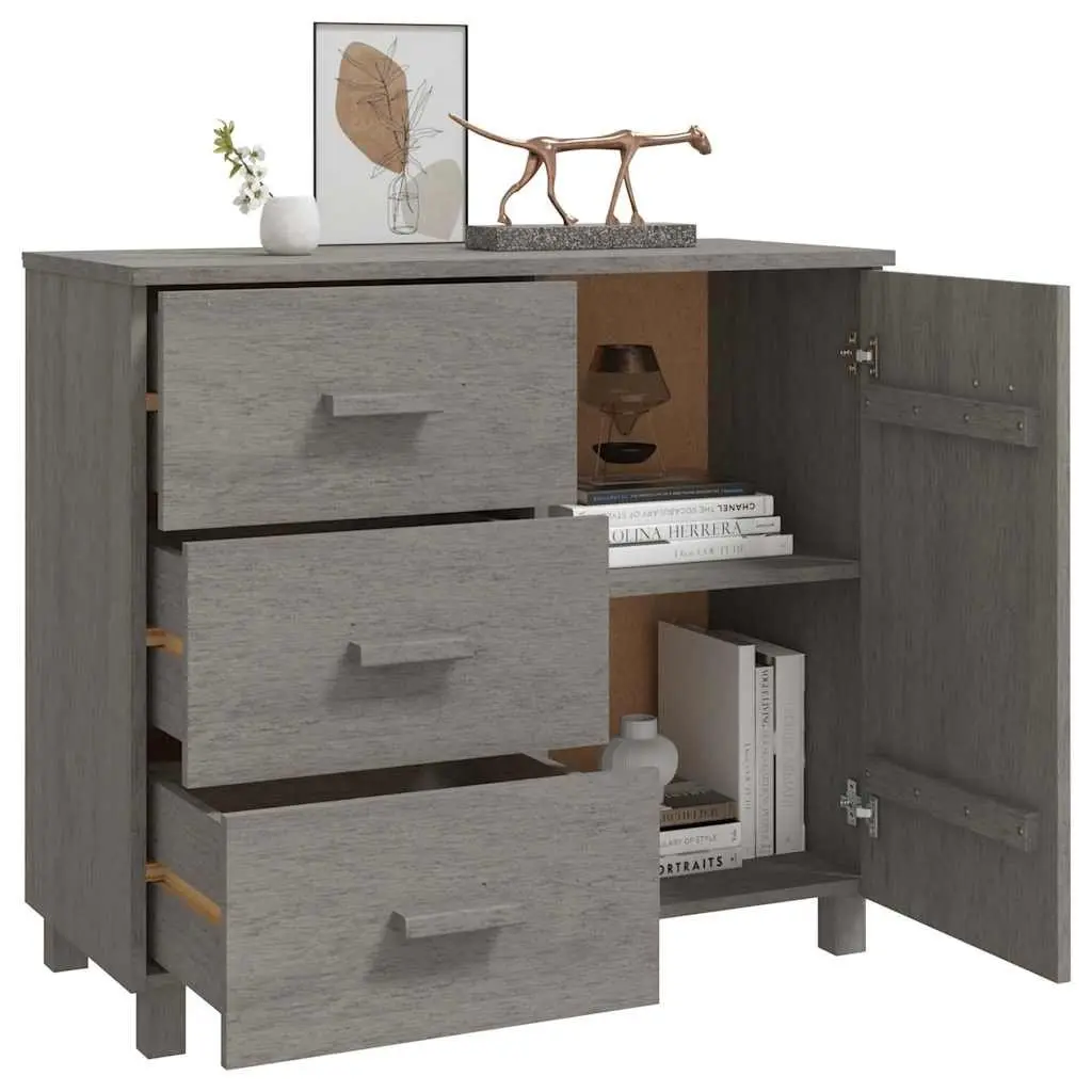 Sideboard Grey Solid Pinewood Storage Cabinet with Sliding Drawers