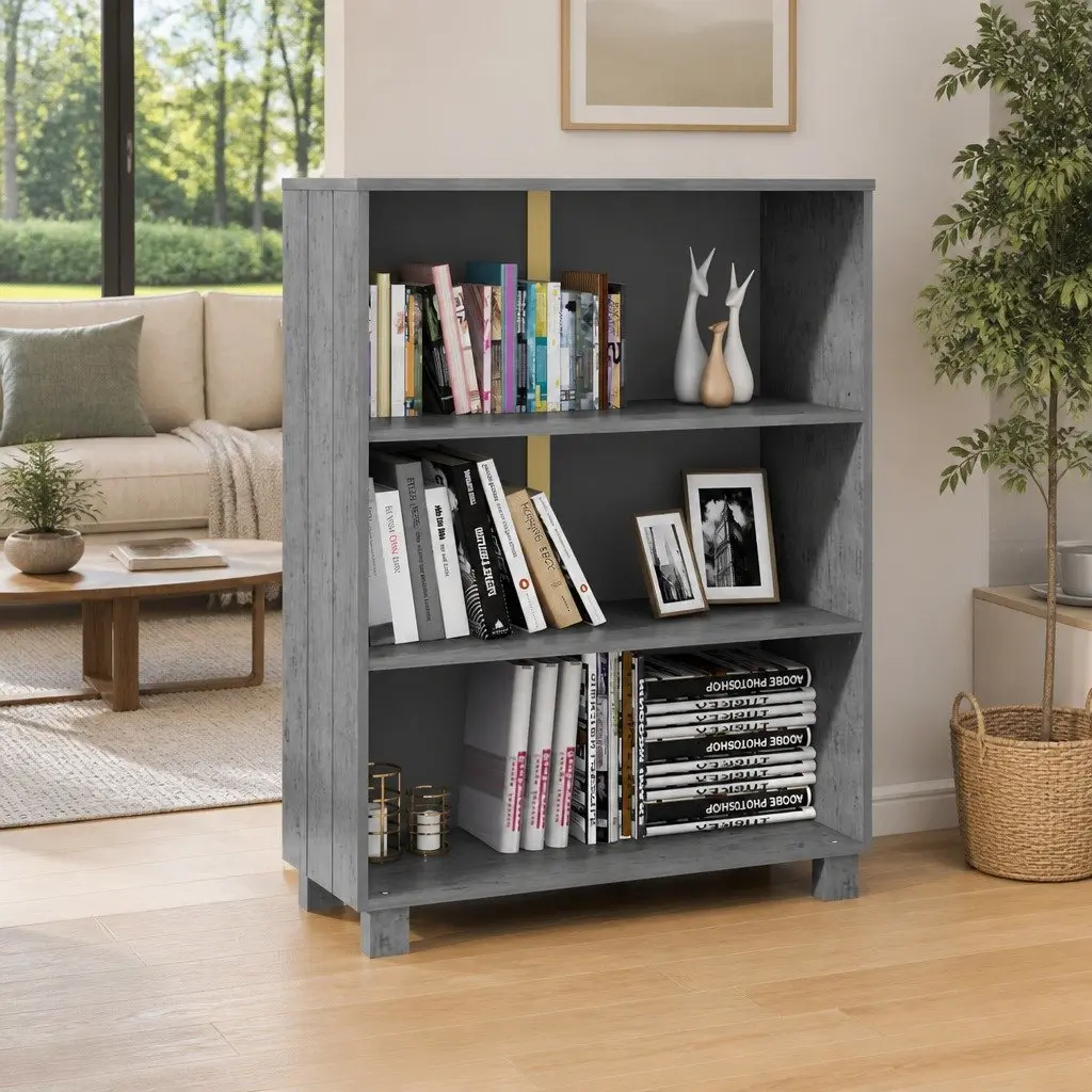 Solid Pine Wood Book Cabinet Grey 85x35x112cm Storage Unit with 3 Shelves for Organizing Books and Displaying Decor