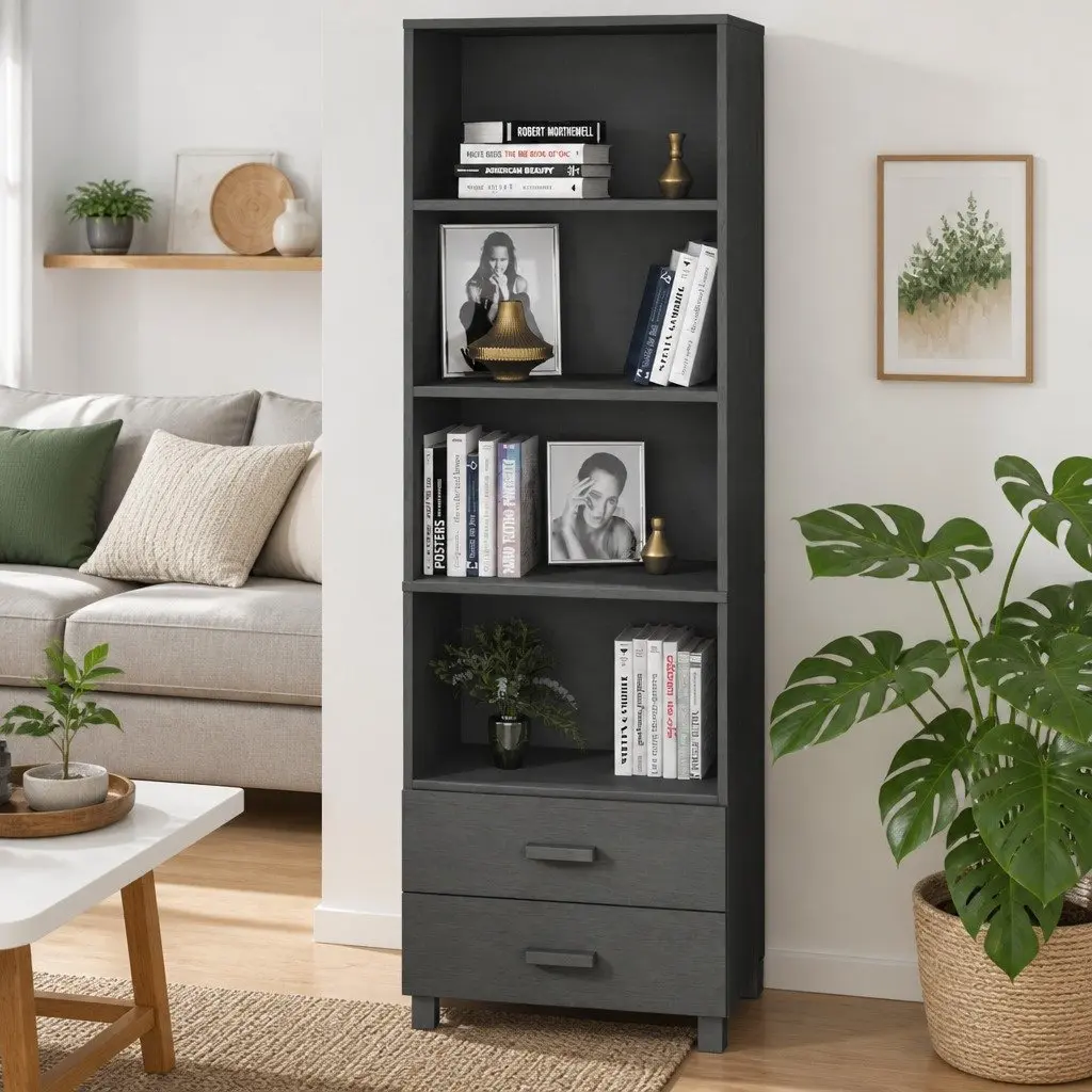 Highboard Storage Cabinet Solid Wood Shelves Drawers Grey 60x35x180cm