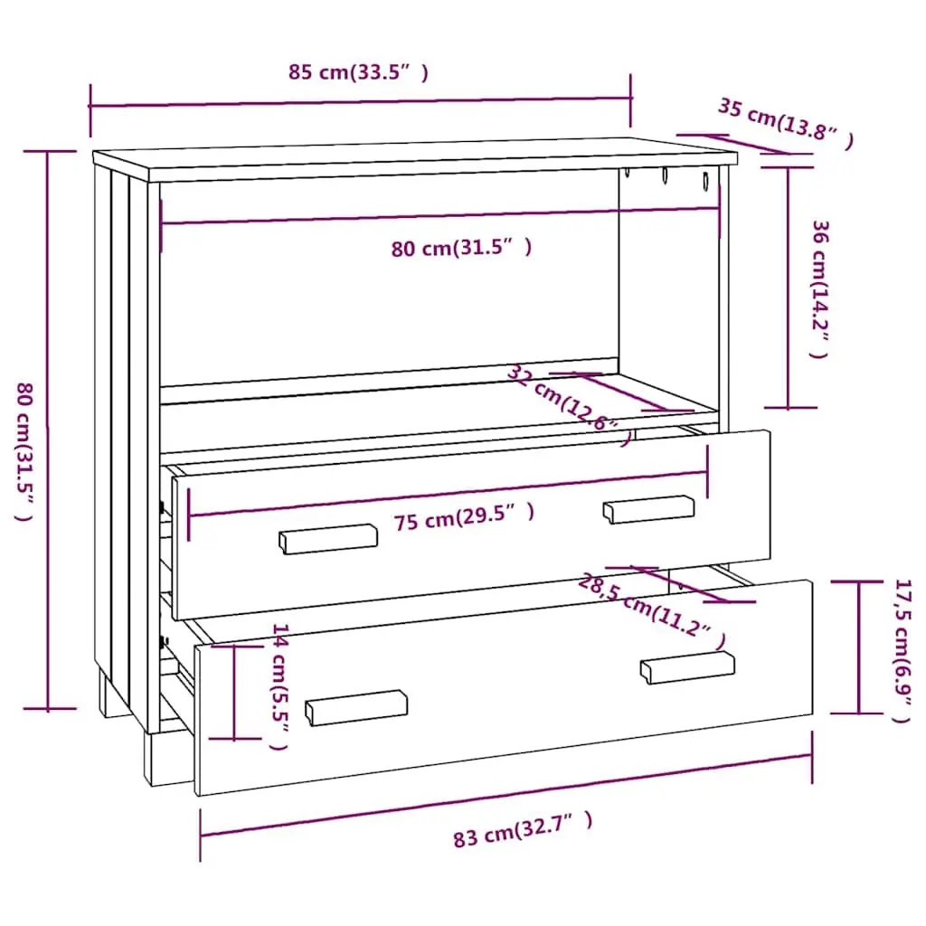 Wooden Sideboard Storage Cabinet Grey Buffet 85 x 35 x 80 cm Solid Pinewood