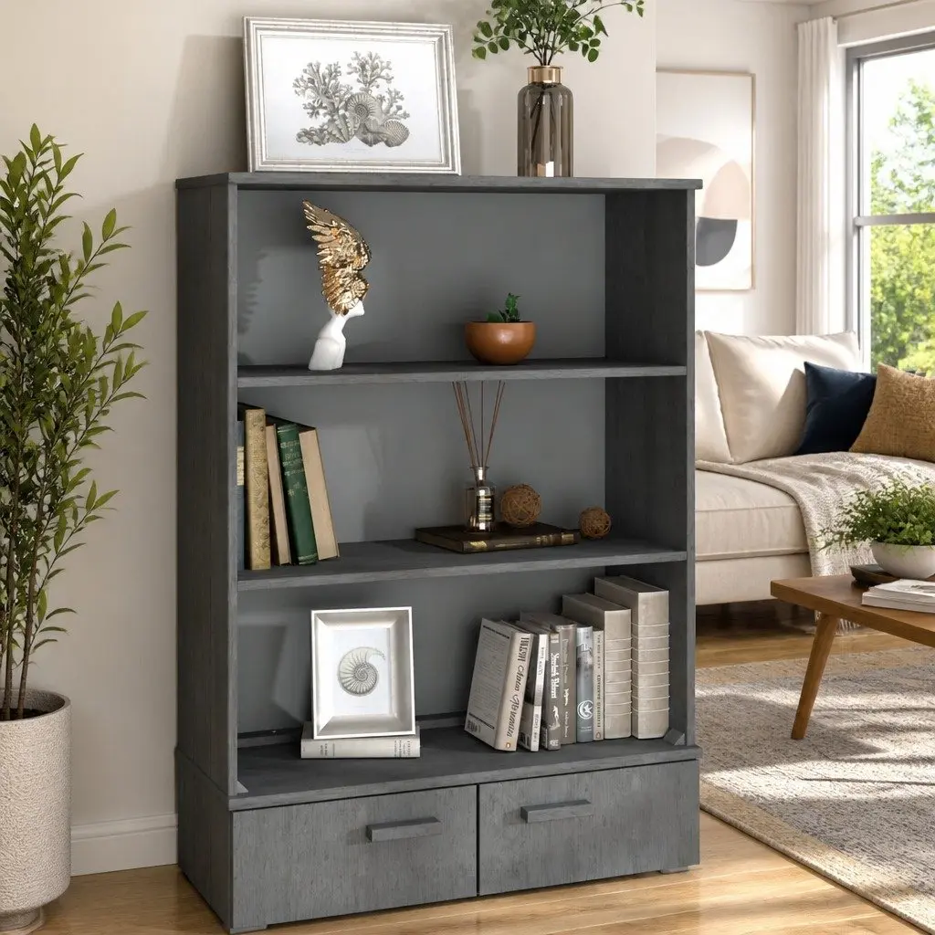 Grey Pine Wooden Highboard with Storage Shelves