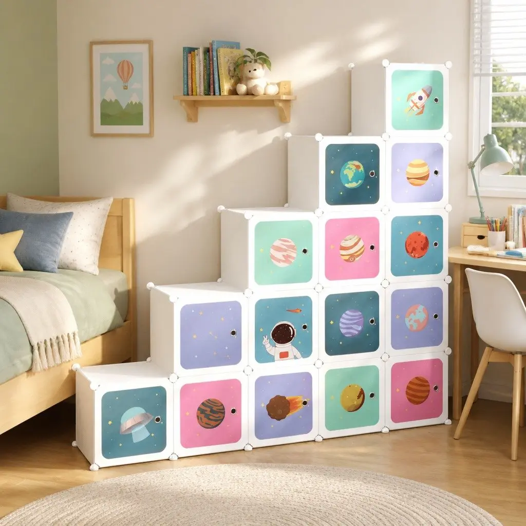 Kids Cube Storage Cabinet White 15 Cubes Organizer PP Plastic Steel Frame