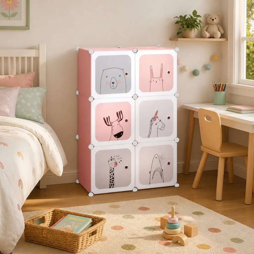 Cube Storage Cabinet Pink 6 Cubes PP Plastic Steel Frame