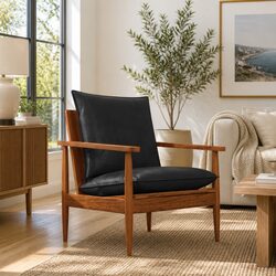Elegant Black Leather Acacia Wood Armchair for Living Space
