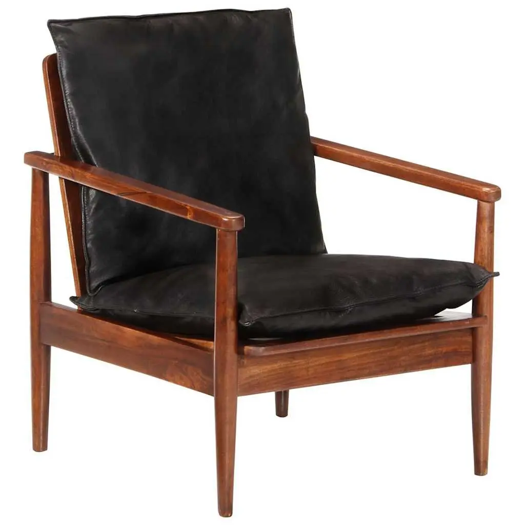 Black Armchair Real Leather Vintage Solid Acacia Wood Lounge Chair Single Seating