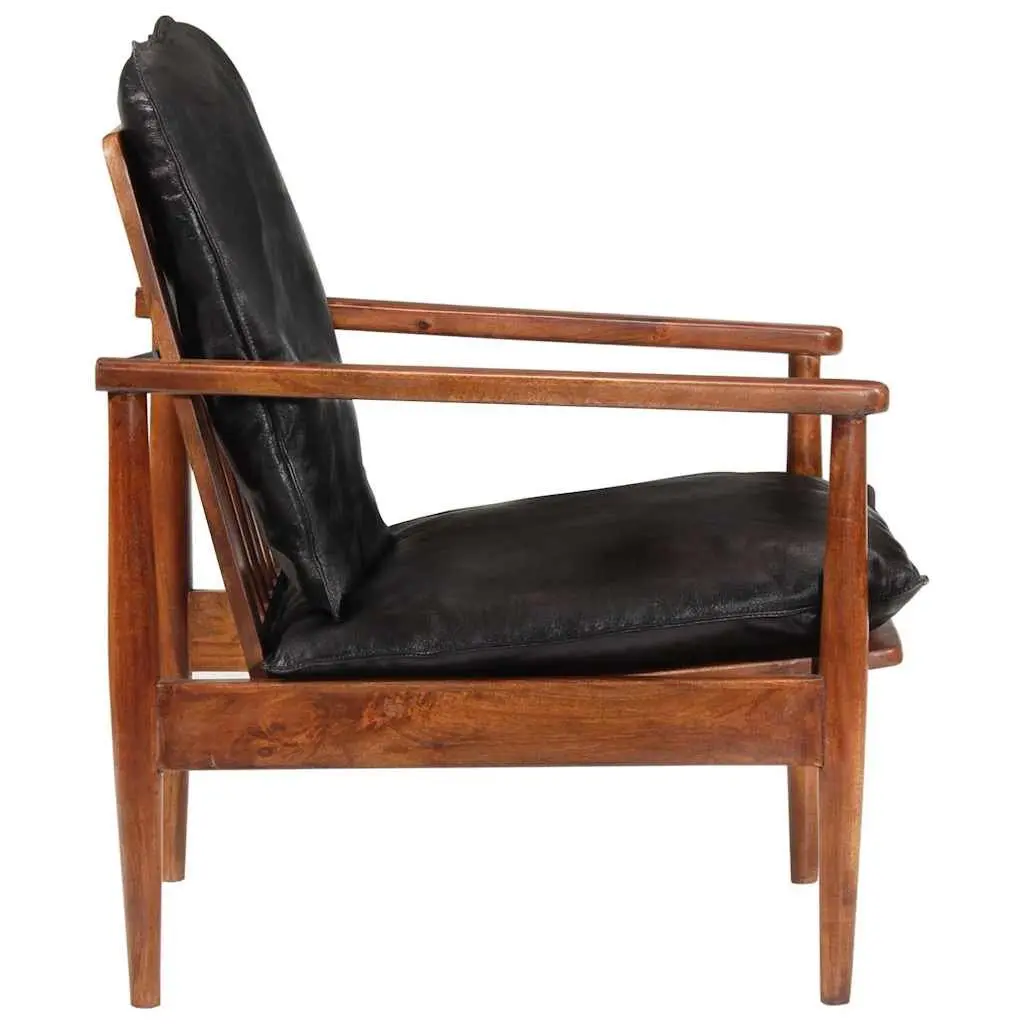 Black Armchair Real Leather Vintage Solid Acacia Wood Lounge Chair Single Seating