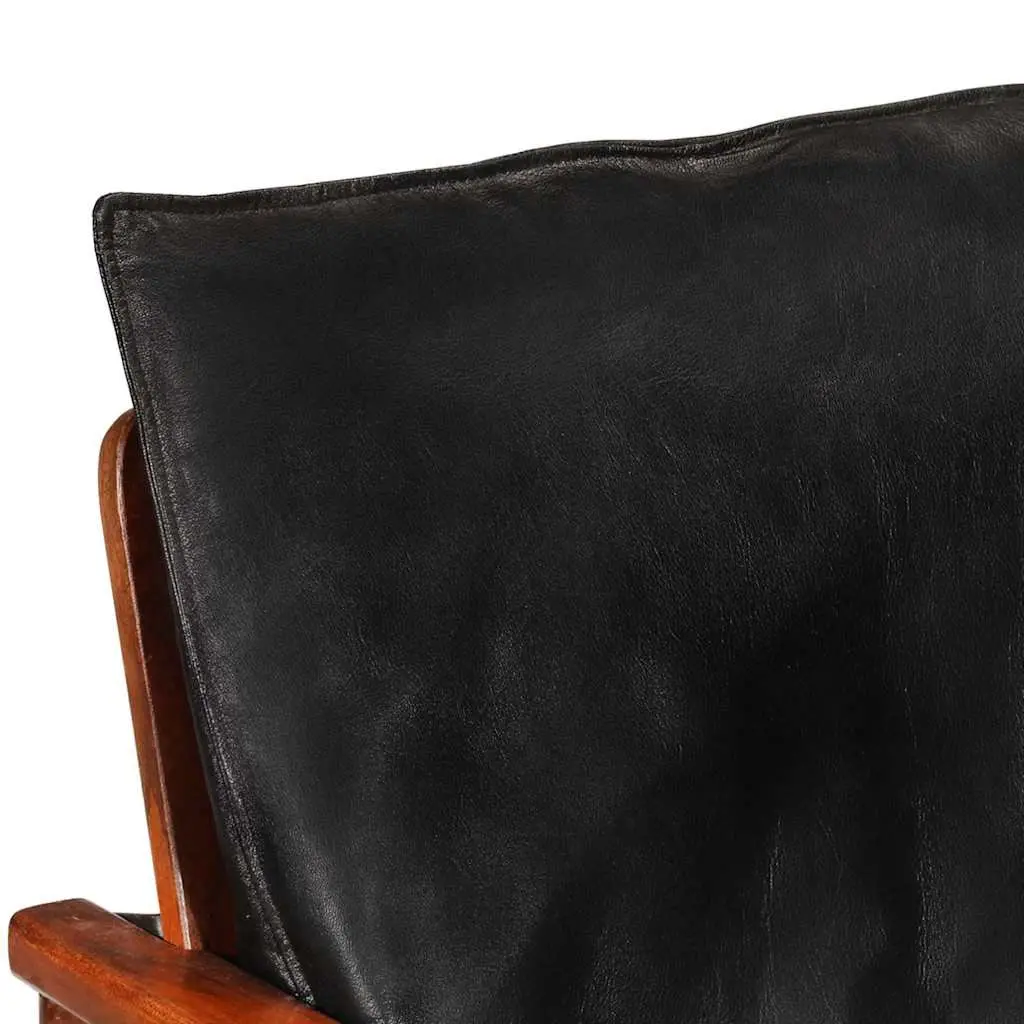 Black Armchair Real Leather Vintage Solid Acacia Wood Lounge Chair Single Seating