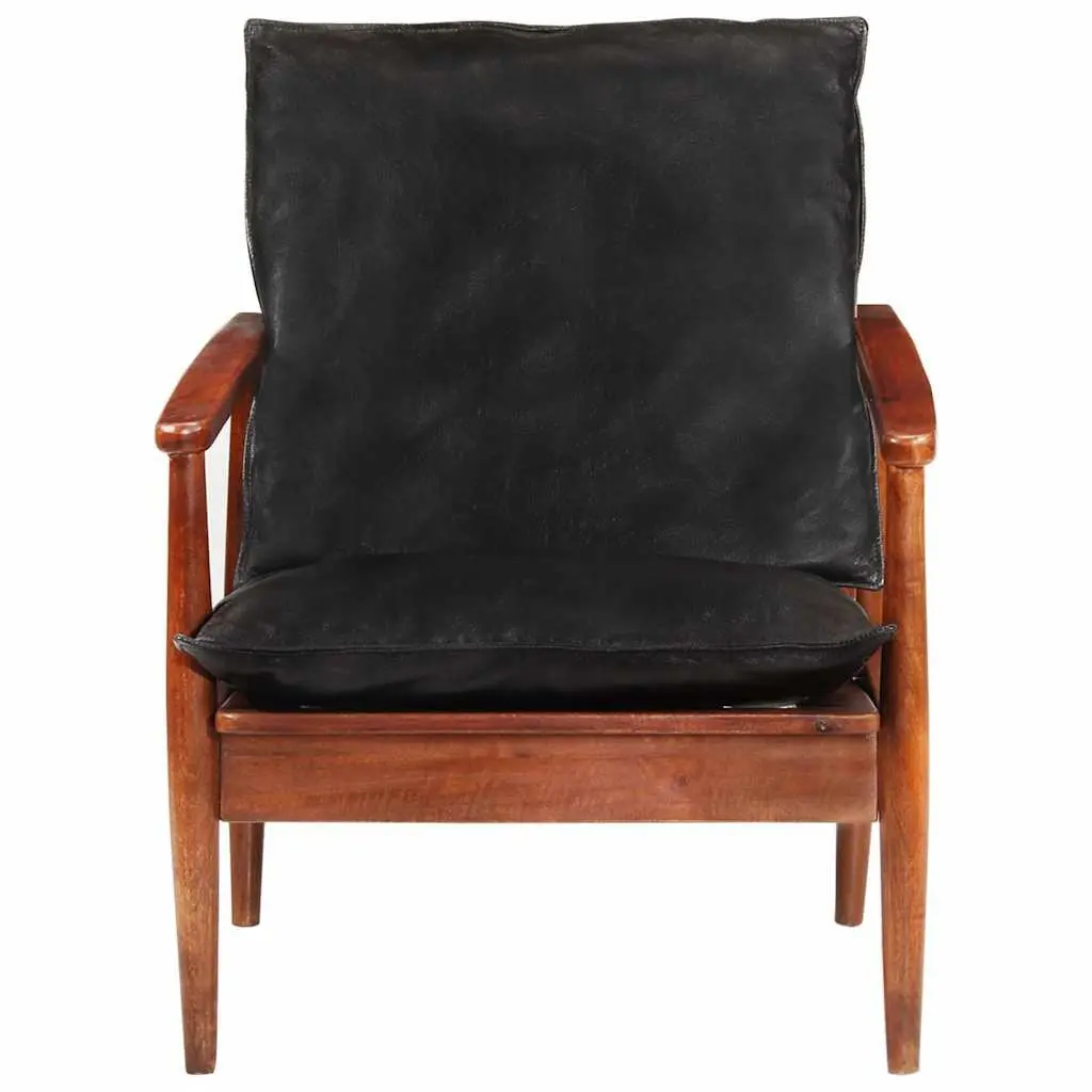 Black Armchair Real Leather Vintage Solid Acacia Wood Lounge Chair Single Seating