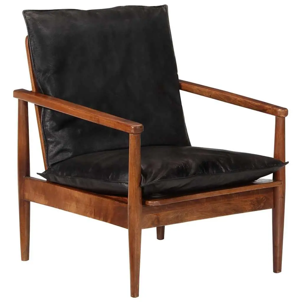 Black Armchair Real Leather Vintage Solid Acacia Wood Lounge Chair Single Seating