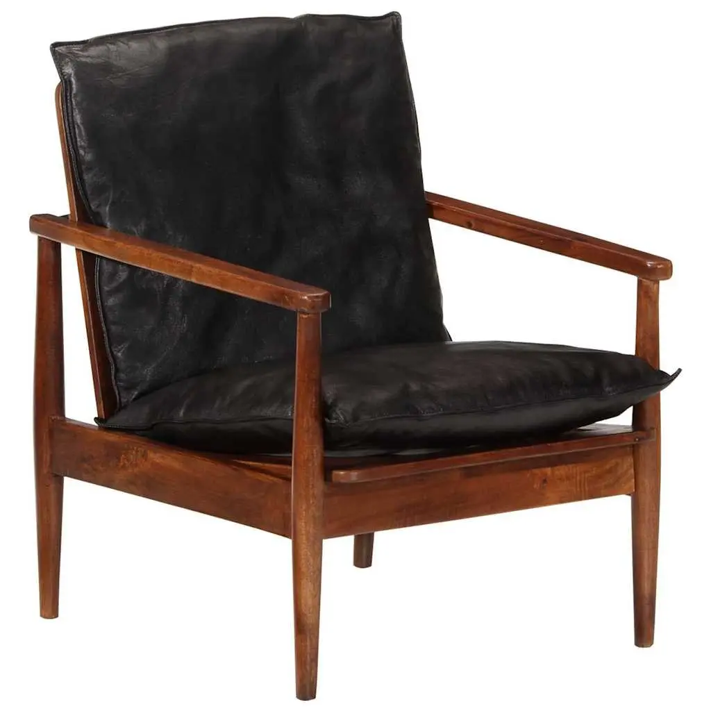 Black Armchair Real Leather Vintage Solid Acacia Wood Lounge Chair Single Seating