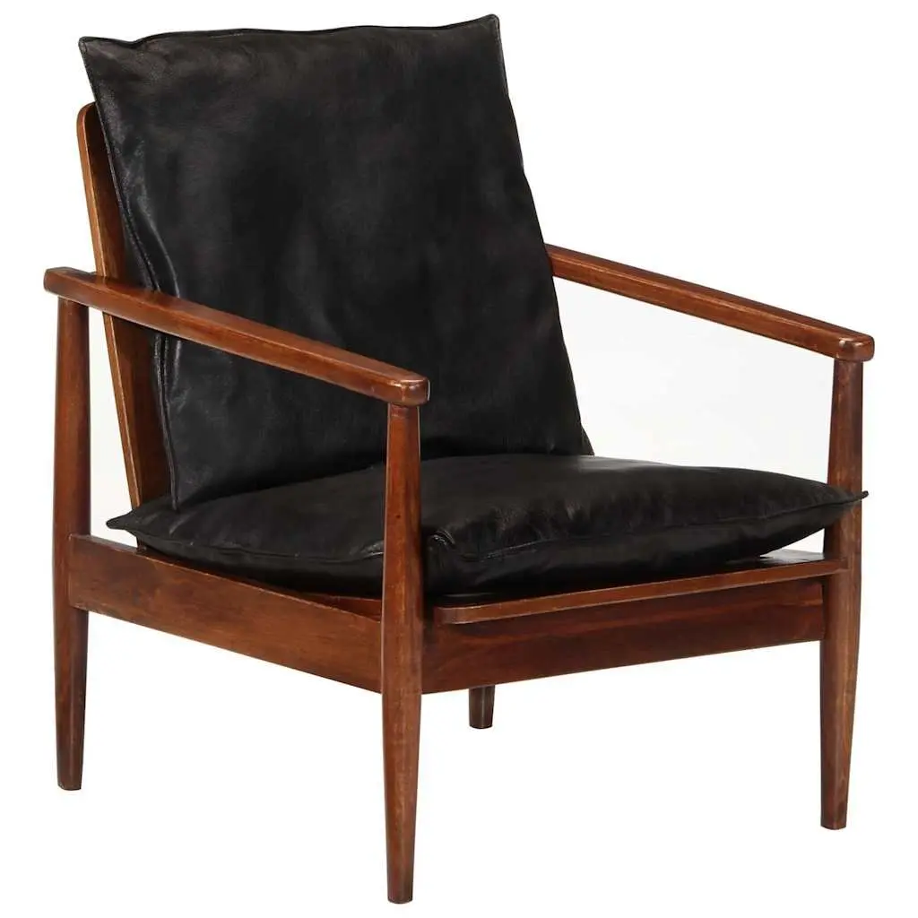 Black Armchair Real Leather Vintage Solid Acacia Wood Lounge Chair Single Seating