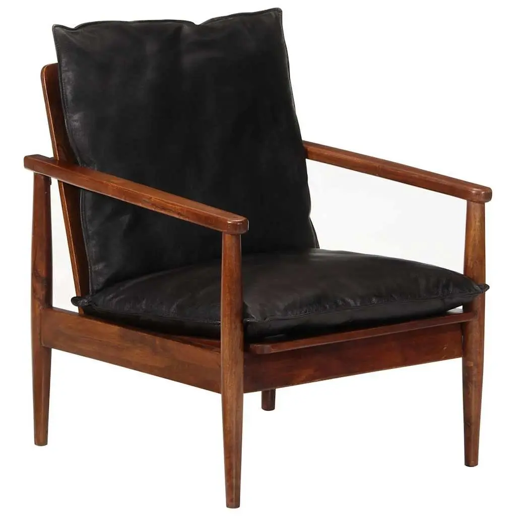 Black Armchair Real Leather Vintage Solid Acacia Wood Lounge Chair Single Seating
