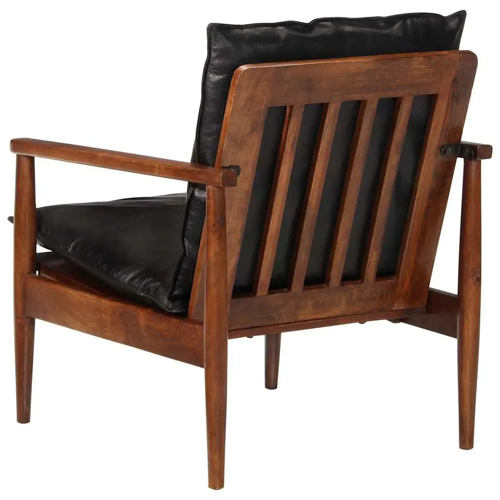 Black Armchair Real Leather Vintage Solid Acacia Wood Lounge Chair Single Seating