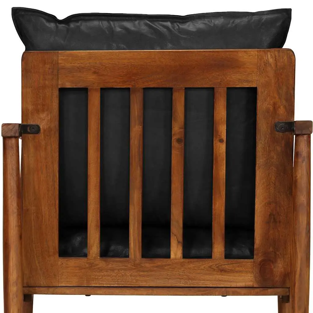 Black Armchair Real Leather Vintage Solid Acacia Wood Lounge Chair Single Seating