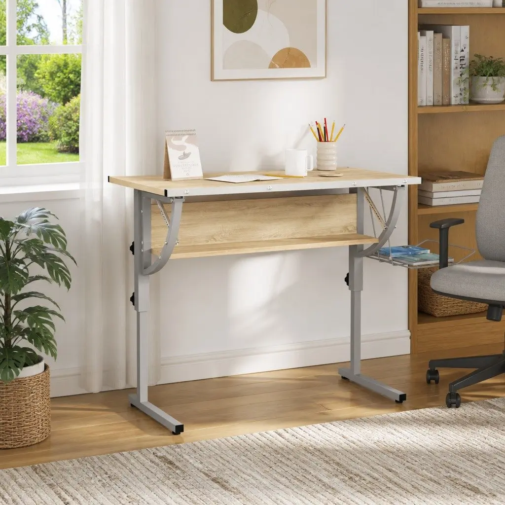 Craft Desk Adjustable Drawing Table with Shelf Sonoma Oak and Grey Engineered Wood Steel Frame