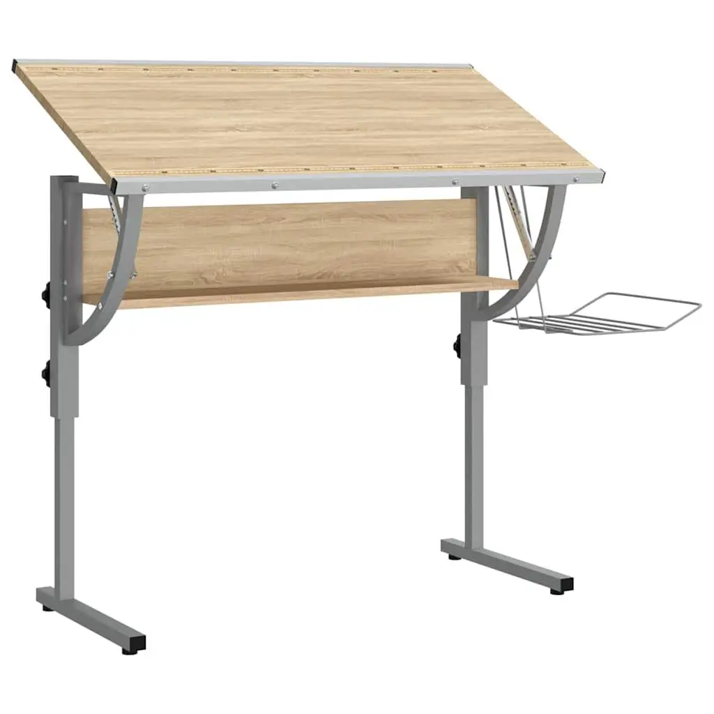 Craft Desk Adjustable Drawing Table with Shelf Sonoma Oak and Grey Engineered Wood Steel Frame