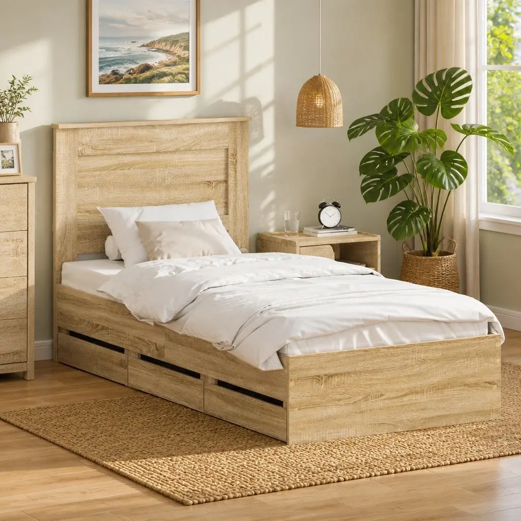 Bed Frame Modern Brown 90 x 190 cm Engineered Wood with Storage Drawer