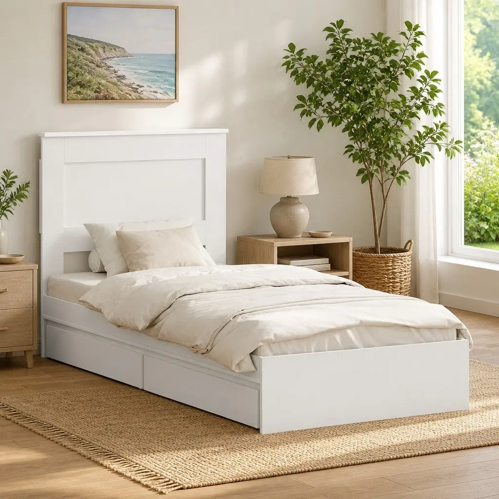 White Storage Bed Frame with Headboard 90 x 190 cm