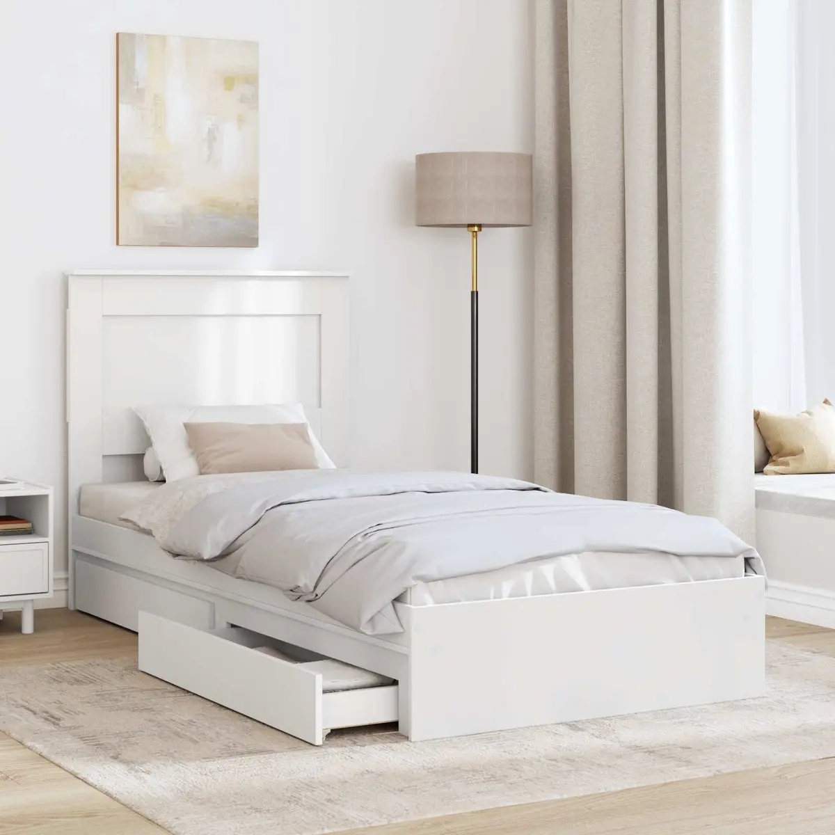 White Storage Bed Frame with Headboard 90 x 190 cm